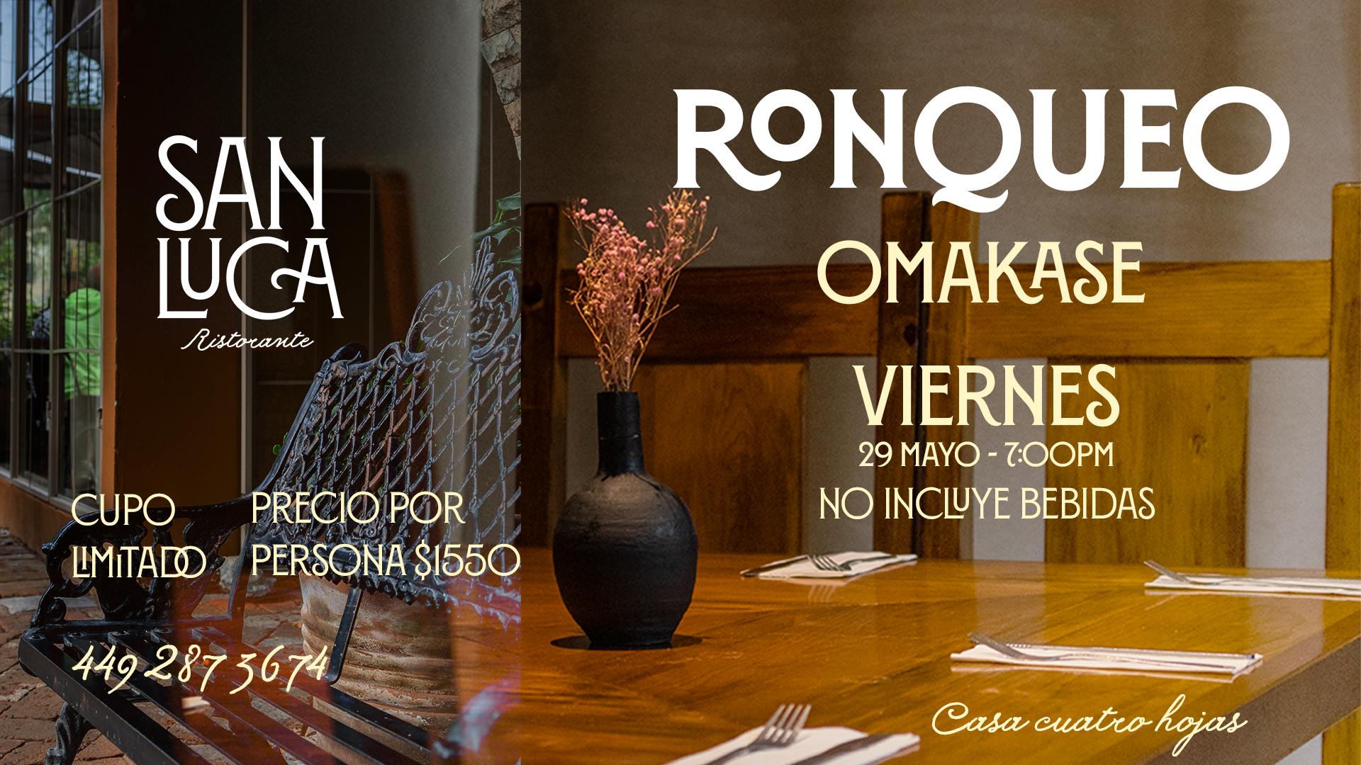 Ronqueo Omakase — Viernes 29 de mayo, 7:00 PM en San Luca Ristorante